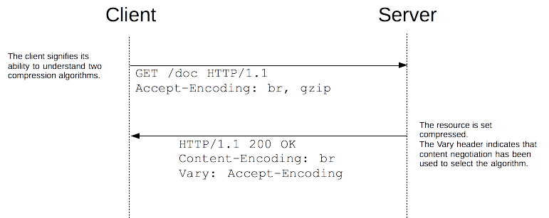 客户端使用“Accept-Encoding:br, gzip”标头请求内容。服务器使用 Brotli 算法压缩的主体以及所需的“Content-Encoding”和“Vary”标头进行响应。